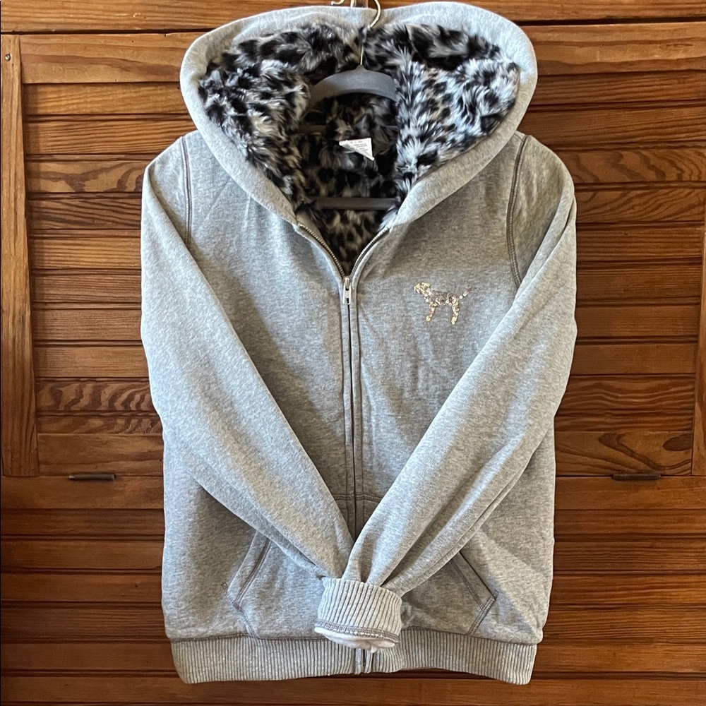 Gray Victoria Secret PINK bling sequin Zip Up Jacket w/ Leopard Print Fur Lining
